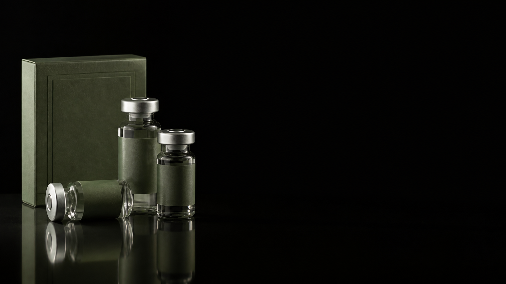 MINO regenerative peptide vials and presentation box under dramatic single-source light
