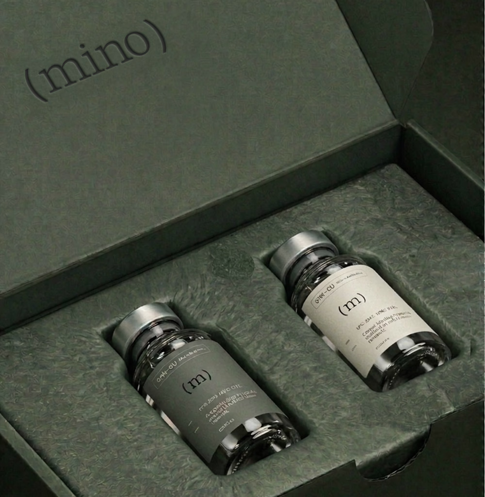 Two MINO peptide vials resting in an open sage presentation box